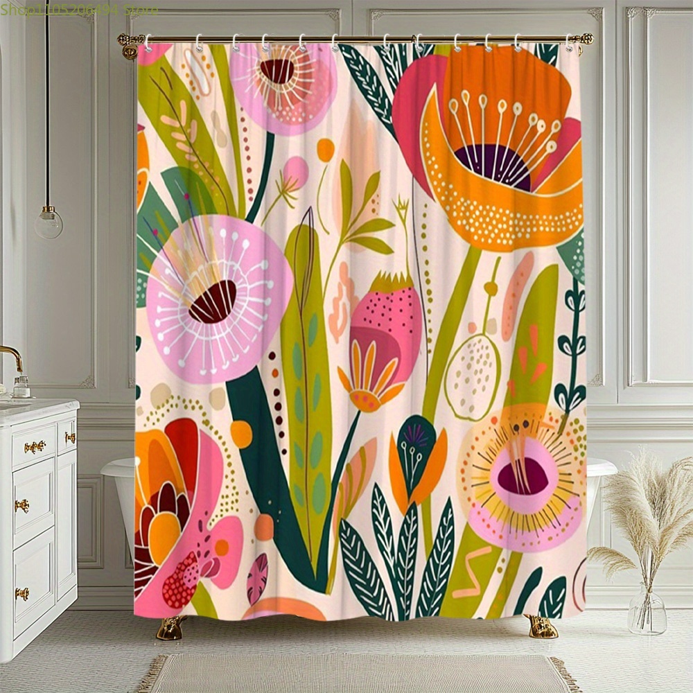 Home Bathroom Decor Ideas - 활기 넘치는 꽃무늬 샤워 커튼, 추상적인