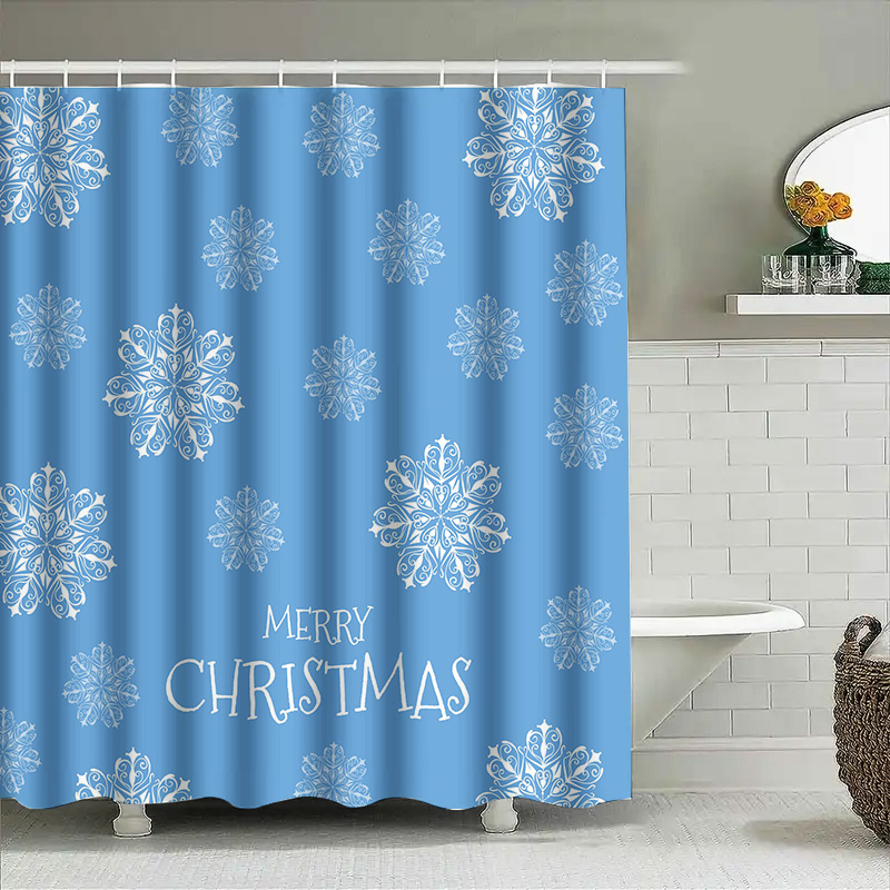 Home Bathroom Decor Ideas - 크리스마스 샤워 커튼 눈송이 블루 욕실