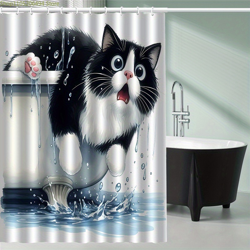 Home Bathroom Decor Ideas - 욕조에서 뛰어나오는 재미있는 고양이 샤워커튼, 귀여운