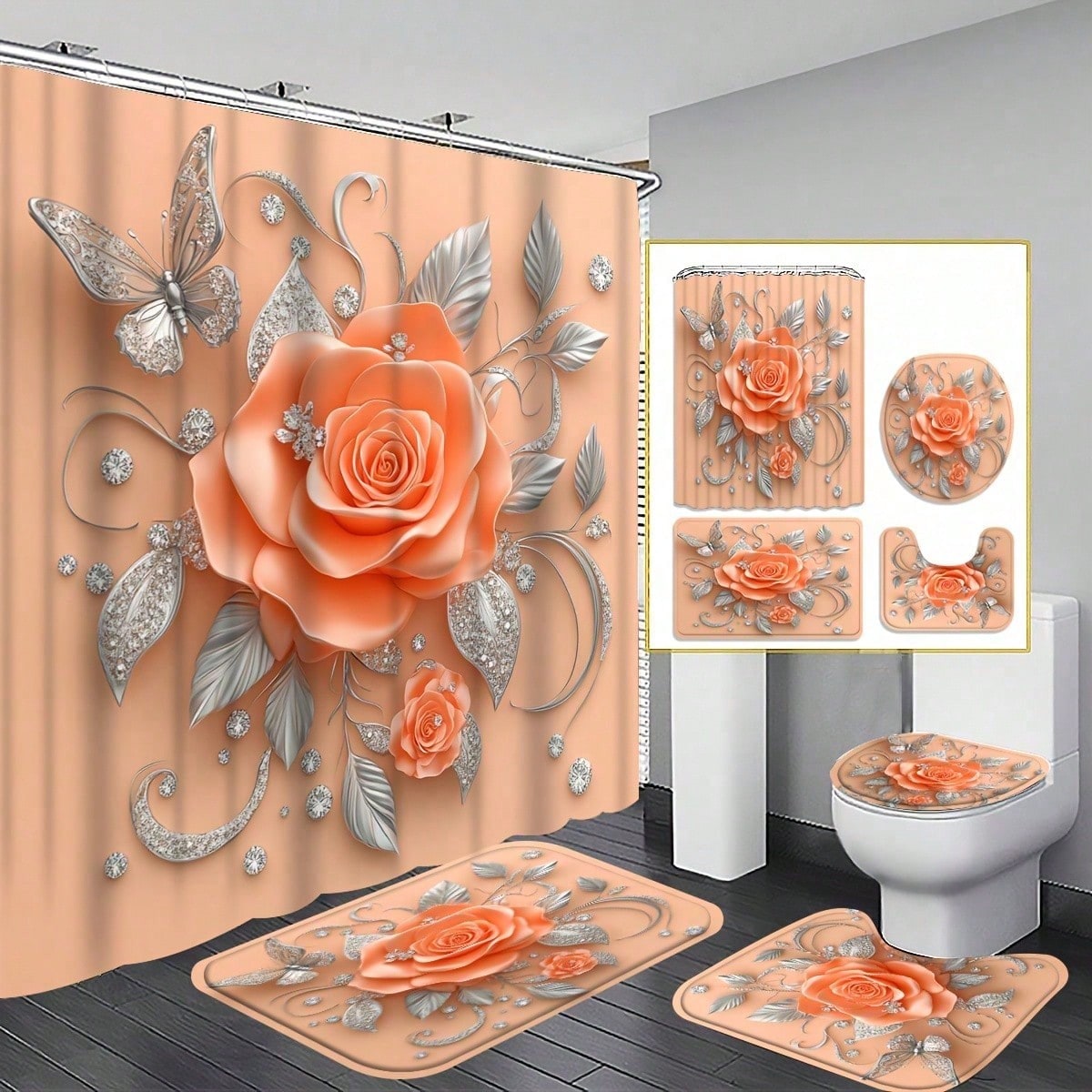 Tiny Home Bathroom Kit - 1/3/4개 복숭아빛 장미 샤워 커튼 세트,