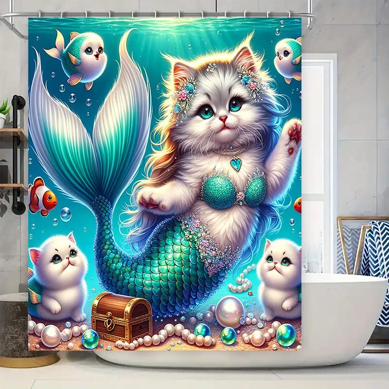 Home Bathroom Decor Ideas - 샤워 커튼 인어 고양이 물고기 꼬리
