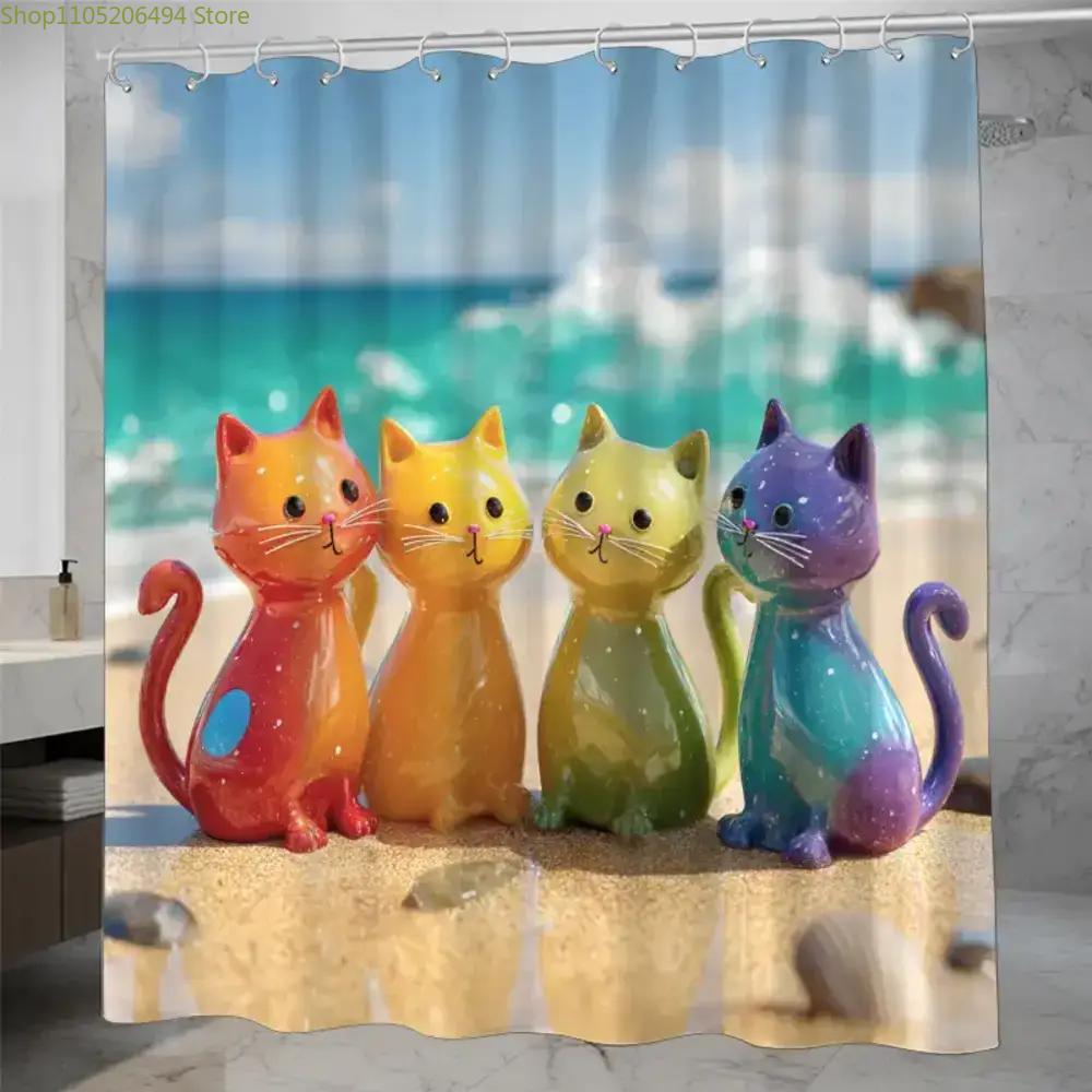 Home Bathroom Decor Ideas - 화려한 무지개 고양이 샤워 커튼 해변에서의