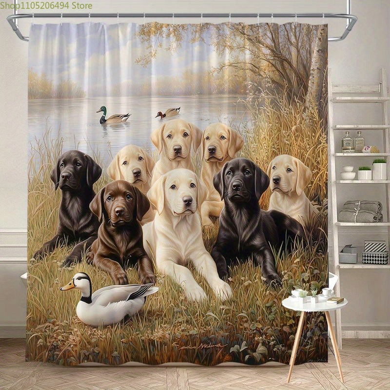 Home Bathroom Decor Ideas - 래브라도 강아지 가족 샤워 커튼, 오리