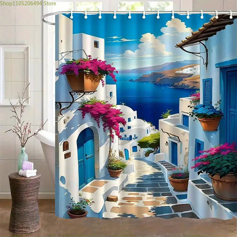 Home Bathroom Decor Ideas - 산토리니 그리스 섬 샤워 커튼 블루
