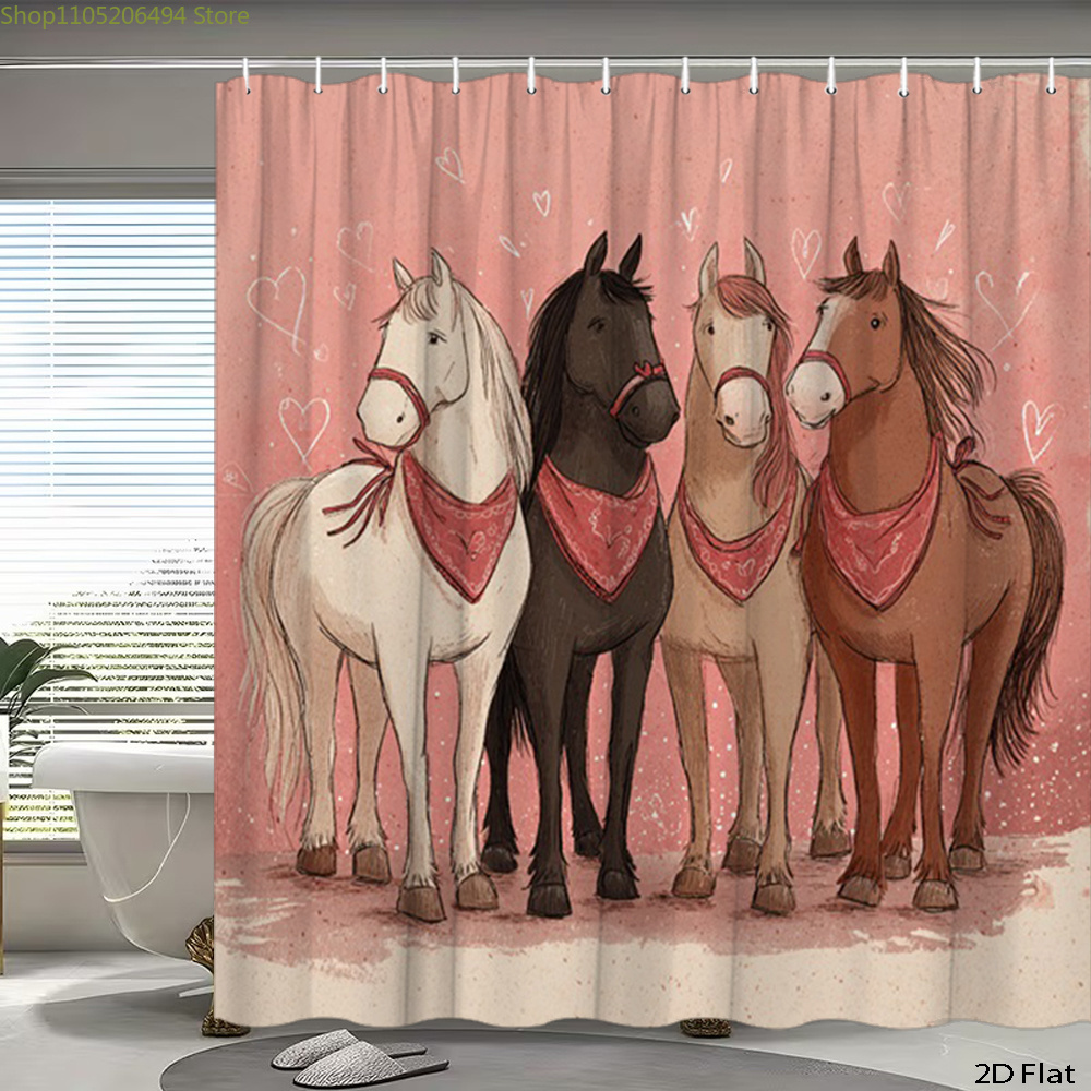 Home Bathroom Decor Ideas - 귀여운 말 샤워 커튼, 만화 동물