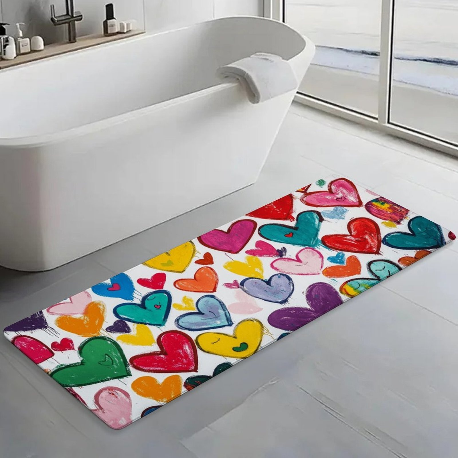 크레용 그래피티 컬러풀 하트 롱 러너 러그 바닥 카펫  - Home Bathroom Tub 리뷰 및 가격