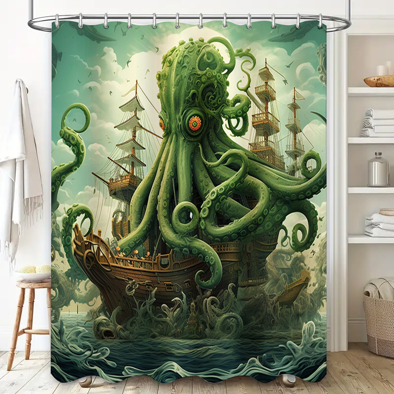 문어 선박 샤워 커튼 초현실적 인 해양 장식 녹색 파란 - Home Bathroom Decor Ideas 리뷰 및 가격