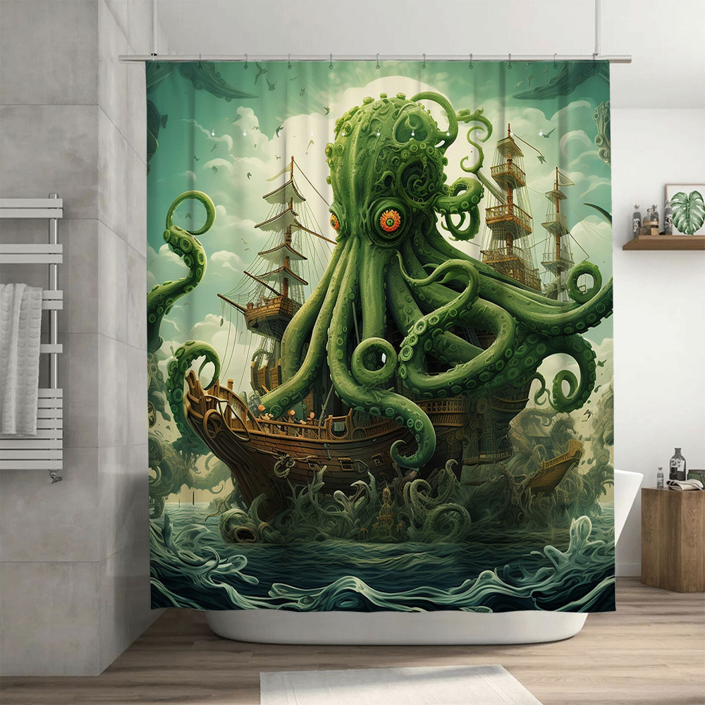 문어 선박 샤워 커튼 초현실적 인 해양 장식 녹색 파란 - Home Bathroom Decor Ideas 리뷰 및 가격