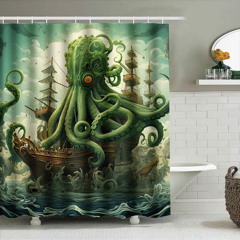 문어 선박 샤워 커튼 초현실적 인 해양 장식 녹색 파란 - Home Bathroom Decor Ideas 리뷰 및 가격