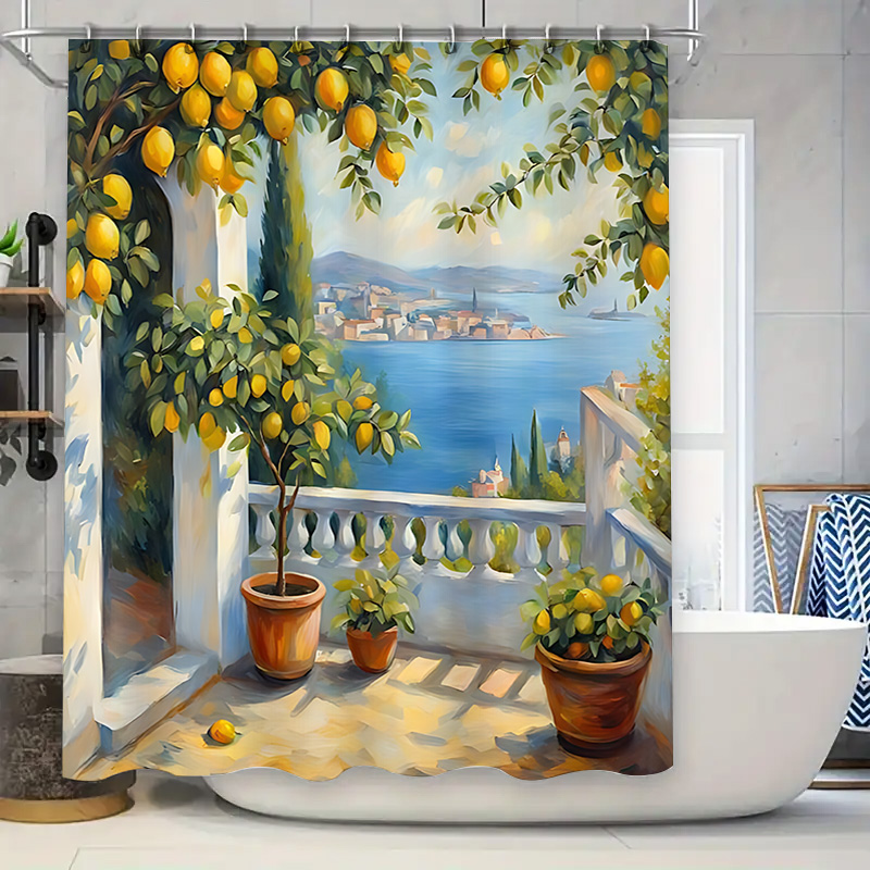 지중해 레몬 가든 샤워 커튼, 해안 빌라 뷰 디자인,  - Home Bathroom Decor Ideas 리뷰 및 가격
