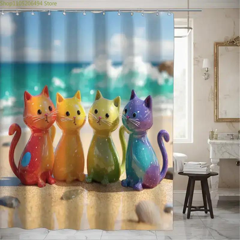 화려한 무지개 고양이 샤워 커튼 해변에서의 귀여운 만화 - Home Bathroom Decor Ideas 리뷰 및 가격