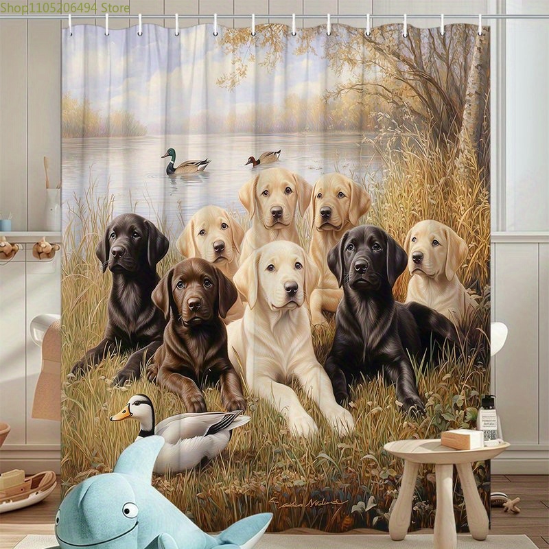 래브라도 강아지 가족 샤워 커튼, 오리 장면 디자인의  - Home Bathroom Decor Ideas 리뷰 및 가격