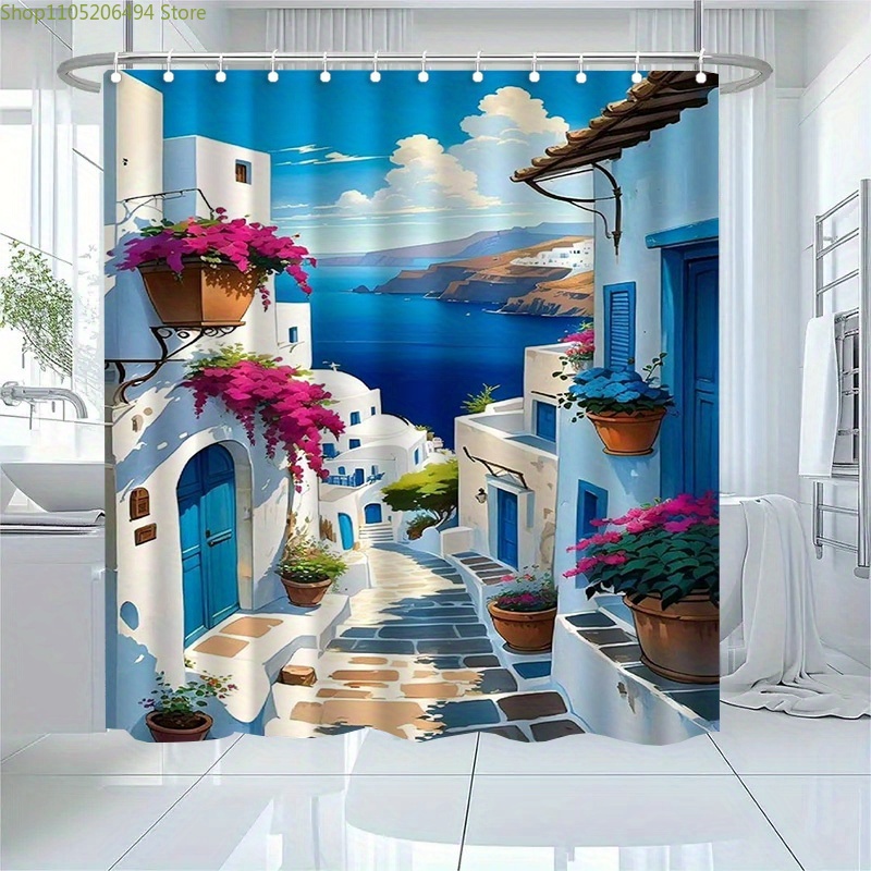 산토리니 그리스 섬 샤워 커튼 블루 화이트 마을 바다  - Home Bathroom Decor Ideas 리뷰 및 가격